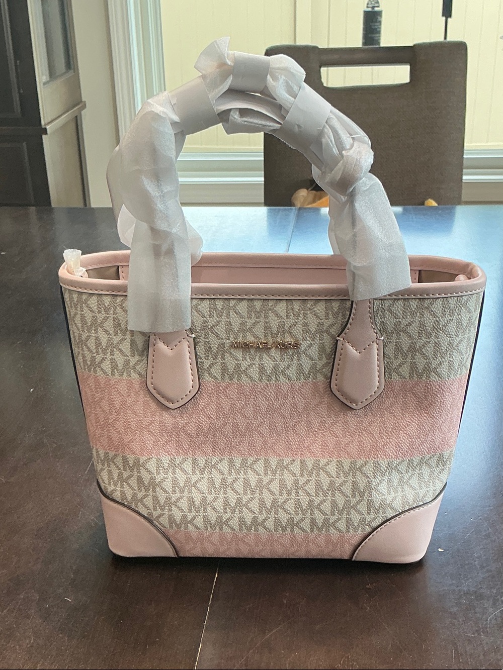 MICHAEL KORS Pink and Beige Signature Stripe Tote
